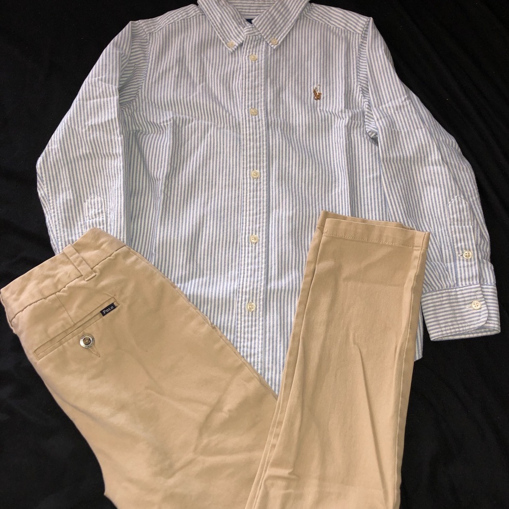 Ralph Lauren Boys Blue/White Cambray Button Down Shirt with Polo Tan Chinos